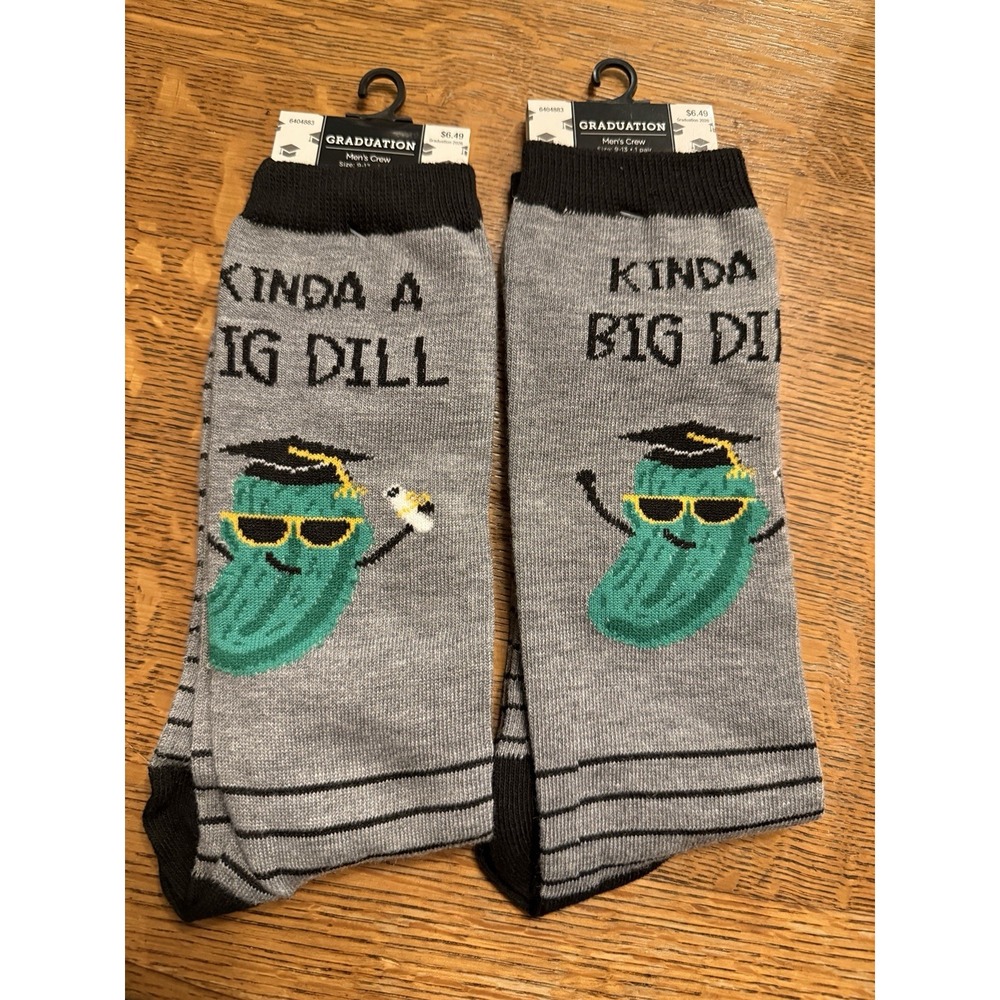 Lot Of 2 Graduation Mens Crew Socks "Kinda A Big Dill" Pickle Gray Sz 9-11 NEW